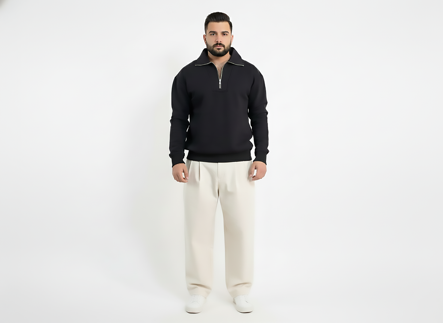 Textured Zip-Neck Knit Jumper – Noir Black